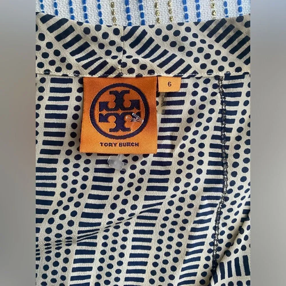 Tory Burch 100% Silk Set Wrap Skirt Sz 4 Top Sleeveless Sz 6 Beige/Navy Blue